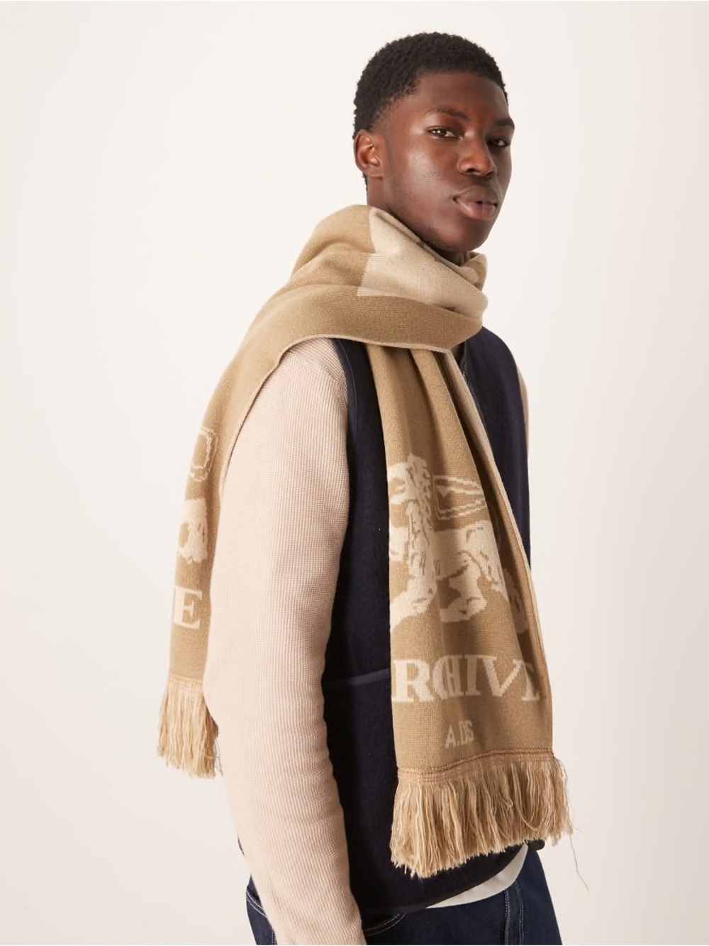 ASOS DESIGN knit Archive graphic scarf in neutral lion